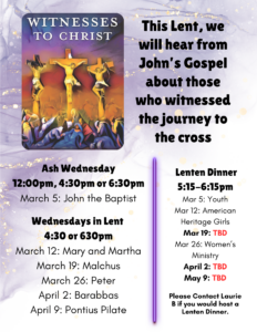 Lenten Worship 4:30pm or 6:30pm